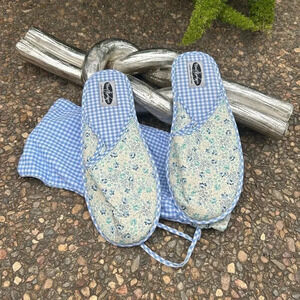 Ben Berger Baby Blue Floral Gingham Check Travel Slippers with Bag Large